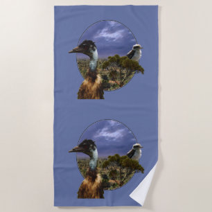 "Down Under Duo: Emu en Kookaburra in Popout Art" Strandlaken