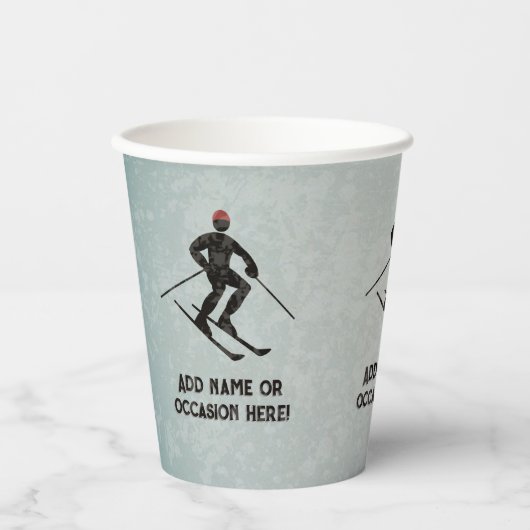 Downhill Skiing jouw tekst op mannelijke metal loo Papieren Bekers (Voorkant)