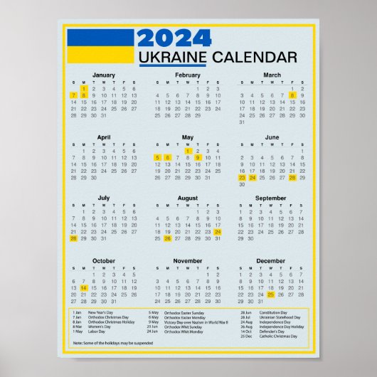 Download 2024 Oekraïense kalender met Feestdagen Poster (Voorkant)