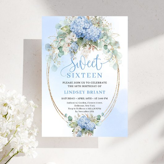 Downloadable Blue Hydrangea Gold Sweet 16 Birthday Kaart