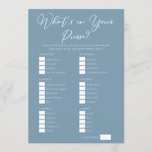 Downloadable Blue Purse Bridal Shower Game Kaart (Voorkant)