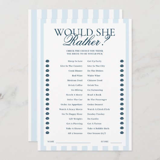 Downloadable Blue Striped Would She Rather Card Kaart (Voorkant / Achterkant)