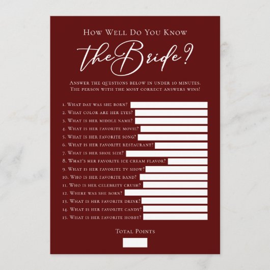 Downloadable Burgundy Bride Facts Shower Game Kaart (Voorkant)