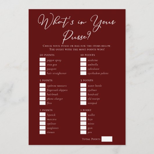 Downloadable Burgundy Purse Bridal Shower Game Kaart (Voorkant)