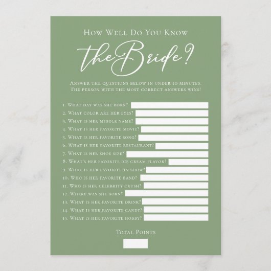 Downloadable Sage Green Bride Facts Shower Game Kaart (Voorkant)