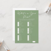Downloadable Sage Green Purse Bridal Shower Game Kaart (Voorkant / Achterkant in situ)