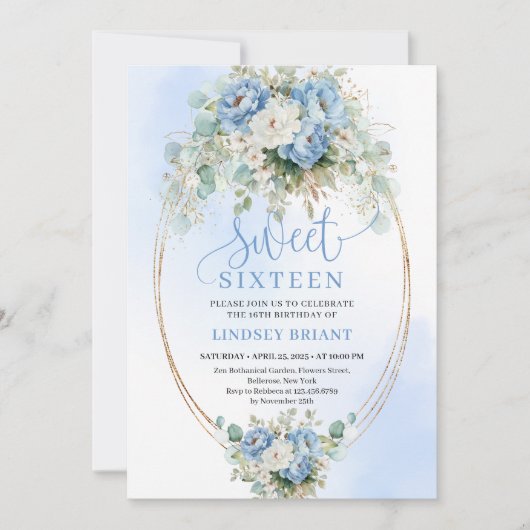 Downloadable Script Dusty Blue Peonies Sweet 16th Kaart (Voorkant)