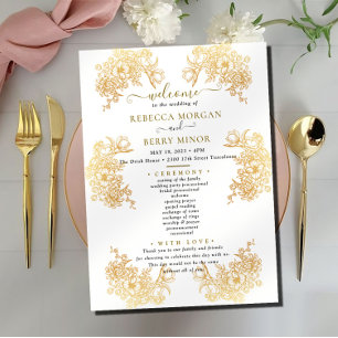 Downloadbaar Golden Chic Bouquet Weddenprogramma Kaart