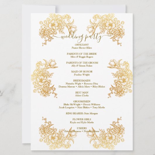 Downloadbaar Gouden Chic Boeket Huwelijksprogramma Kaart (Achterkant)