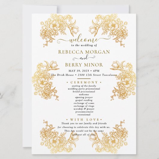 Downloadbaar Gouden Chic Boeket Huwelijksprogramma Kaart (Voorkant)