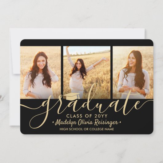 Downloadbare 4 Foto Zwart & Goud Graduation Party Kaart (Voorkant)