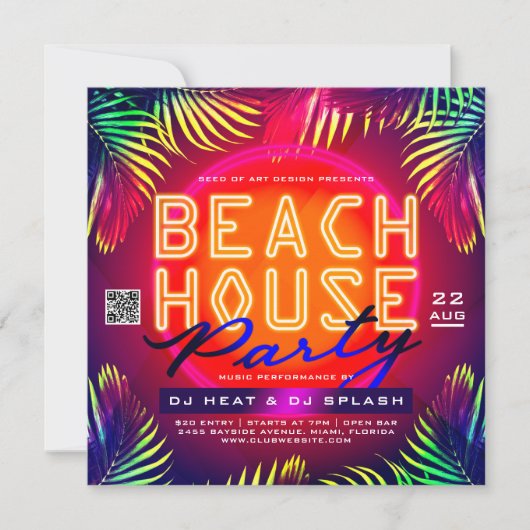 Downloadbare Beach House Club Feestadvertentie Kaart (Voorkant)