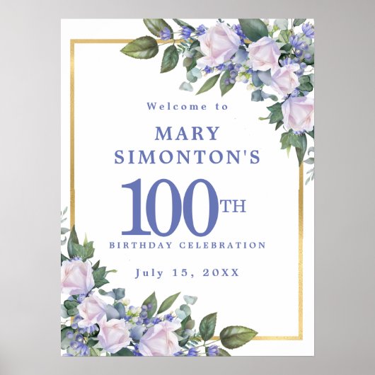 Downloadbare Blauw Wit Bloemen 100e Verjaardag Poster (Voorkant)