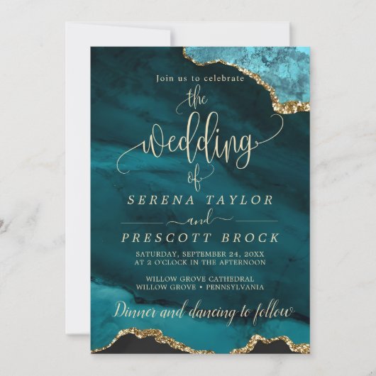 Downloadbare Blue Emerald Gold bruiloft uitnodigin Kaart (Voorkant)