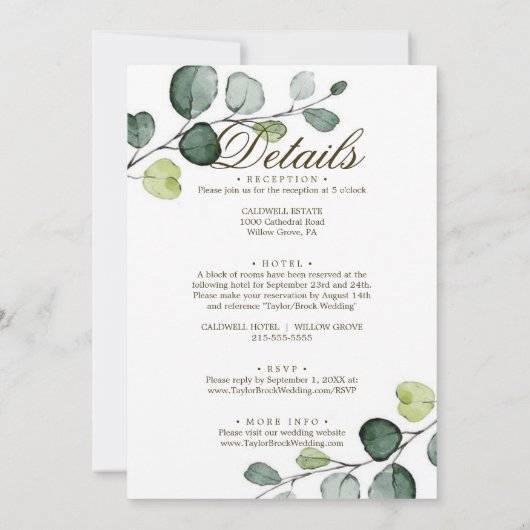 Downloadbare eucalyptus kalligrafie bruiloft kaart (Achterkant)