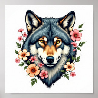 Downloadbare Floral Wolf  muurkunst Poster