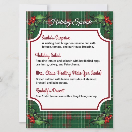 Downloadbare Green Plaid Holiday Specials Menu (Voorkant)
