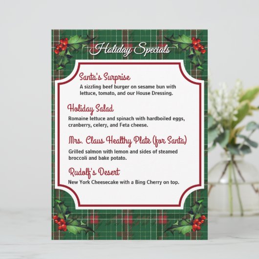 Downloadbare Green Plaid Holiday Specials Menu (Staand voorkant)