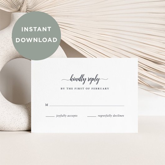 DOWNLOADBARE Navy & White Calligraphy RSVP-kaart Kaart