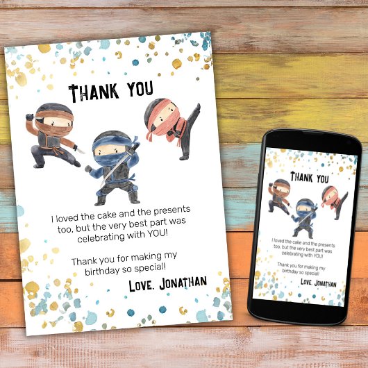 Downloadbare Ninja Kids Verjaardagsfeest Dankkaart Bedankkaart