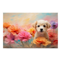 Downloadbare puppy omringd door pastelbloemen