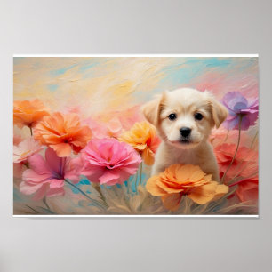 Downloadbare puppy omringd door pastelbloemen poster