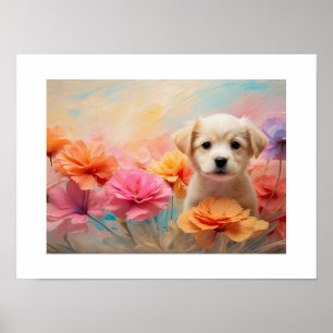 Downloadbare puppy omringd door pastelbloemen poster