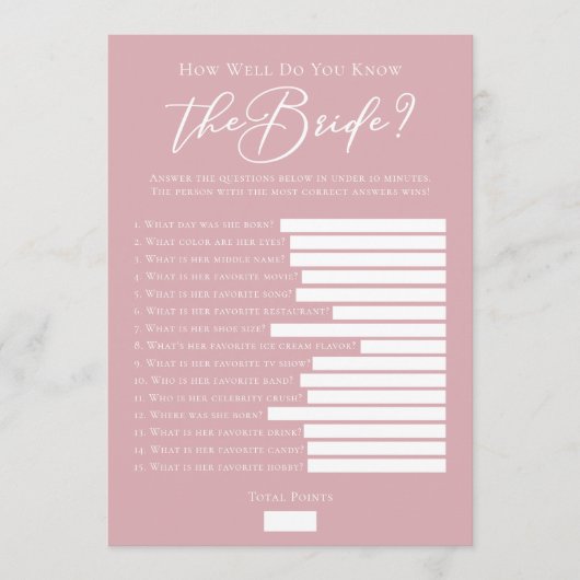 Downloadbare Roze Roze Bruid Feiten Bruiloft Spel Kaart (Voorkant)