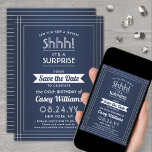 Downloadbare Surprise Verjaardag Navy Blauw en Wit Save The Date<br><div class="desc">Kun je een geheim bewaren? Nodig familie en vrienden uit voor een elegante en spannende verrassingsverjaardagsviering met aangepaste marineblauw en wit om de uitnodigingen van het datumfeest te bewaren. Alle bewoordingen op deze sjabloon zijn eenvoudig te personaliseren, inclusief een bericht met de tekst "Shhh! Het is een verrassing." Het ontwerp...</div>