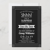 Downloadbare Surprise Verjaardagsfeestje Zwart & W Save The Date (Voorkant)
