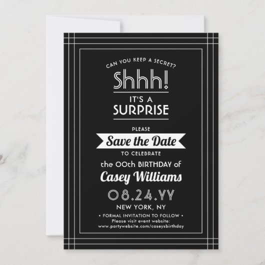 Downloadbare Surprise Verjaardagsfeestje Zwart & W Save The Date (Voorkant)