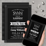 Downloadbare Surprise Verjaardagsfeestje Zwart & W Save The Date<br><div class="desc">Kun je een geheim bewaren? Nodig familie en vrienden uit voor een elegante en spannende verrassingsverjaardagsviering met aangepaste zwart-wit en bewaar de uitnodigingen van het datumfeest. Alle bewoordingen op deze sjabloon zijn eenvoudig te personaliseren, inclusief een bericht met de tekst "Shhh! Het is een verrassing." Het ontwerp is voorzien van...</div>