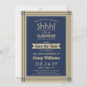 Downloadbare Verrassing Verjaardag Navy Blauw en G Save The Date (Voorkant)