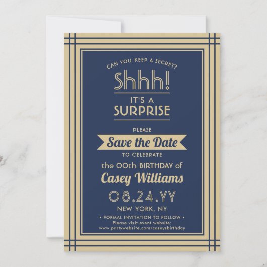 Downloadbare Verrassing Verjaardag Navy Blauw en G Save The Date (Voorkant)