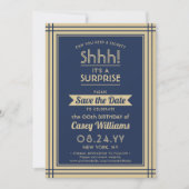 Downloadbare Verrassing Verjaardag Navy Blauw en G Save The Date (Voorkant)