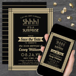 Downloadbare Verrassingsverjaardagsfeestje Zwart & Save The Date<br><div class="desc">Kun je een geheim bewaren? Nodig familie en vrienden uit voor een elegante en spannende verrassingsverjaardagsviering met aangepaste zwart en goud om de uitnodigingen van het datumfeest te bewaren. Alle bewoordingen op deze sjabloon zijn eenvoudig te personaliseren, inclusief een bericht met de tekst "Shhh! Het is een verrassing." Het ontwerp...</div>