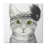 Downton Cat | Bejeweld met kant Tegeltje<br><div class="desc">Deze waterverf print is voorzien van een tabby cat voorzien van kant en veren| Door Grace Popp</div>