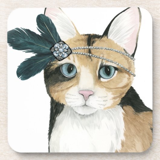 Downton Cat | Bejeweld met veren Bier Onderzetter (Voorkant)