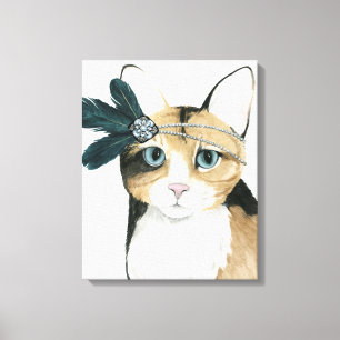 Downton Cat   Bejeweld met veren Canvas Afdruk