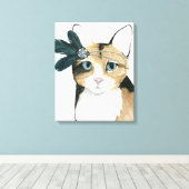 Downton Cat | Bejeweld met veren Canvas Afdruk (Insitu (Houten vloer))