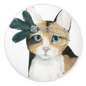 Downton Cat | Bejeweld met veren Keramische Knop (Voorkant)