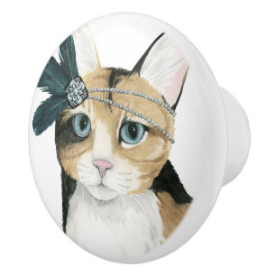Downton Cat   Bejeweld met veren Keramische Knop