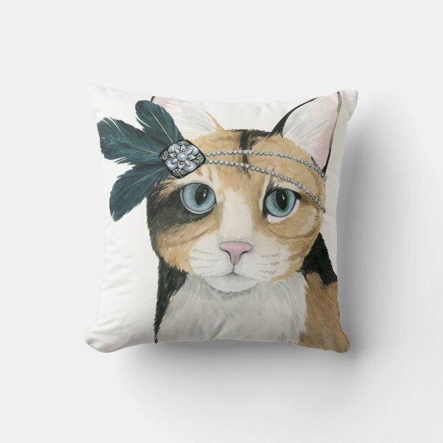Downton Cat | Bejeweld met veren Kussen (Voorkant)
