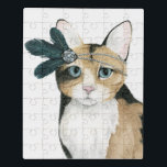 Downton Cat | Bejeweld met veren Puzzel<br><div class="desc">Deze waterverf print heeft een grijze kat met sieraden | Door Grace Popp</div>