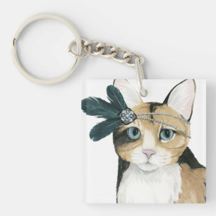 Downton Cat   Bejeweld met veren Sleutelhanger