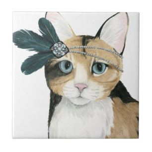 Downton Cat   Bejeweld met veren Tegeltje