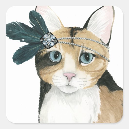 Downton Cat | Bejeweld met veren Vierkante Sticker (Voorkant)