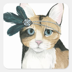 Downton Cat   Bejeweld met veren Vierkante Sticker