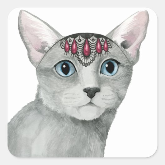 Downton Cat | Bejeweld Vierkante Sticker (Voorkant)
