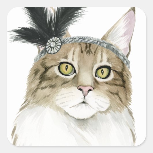 Downton Cat | Met veren verrijkt Vierkante Sticker (Voorkant)